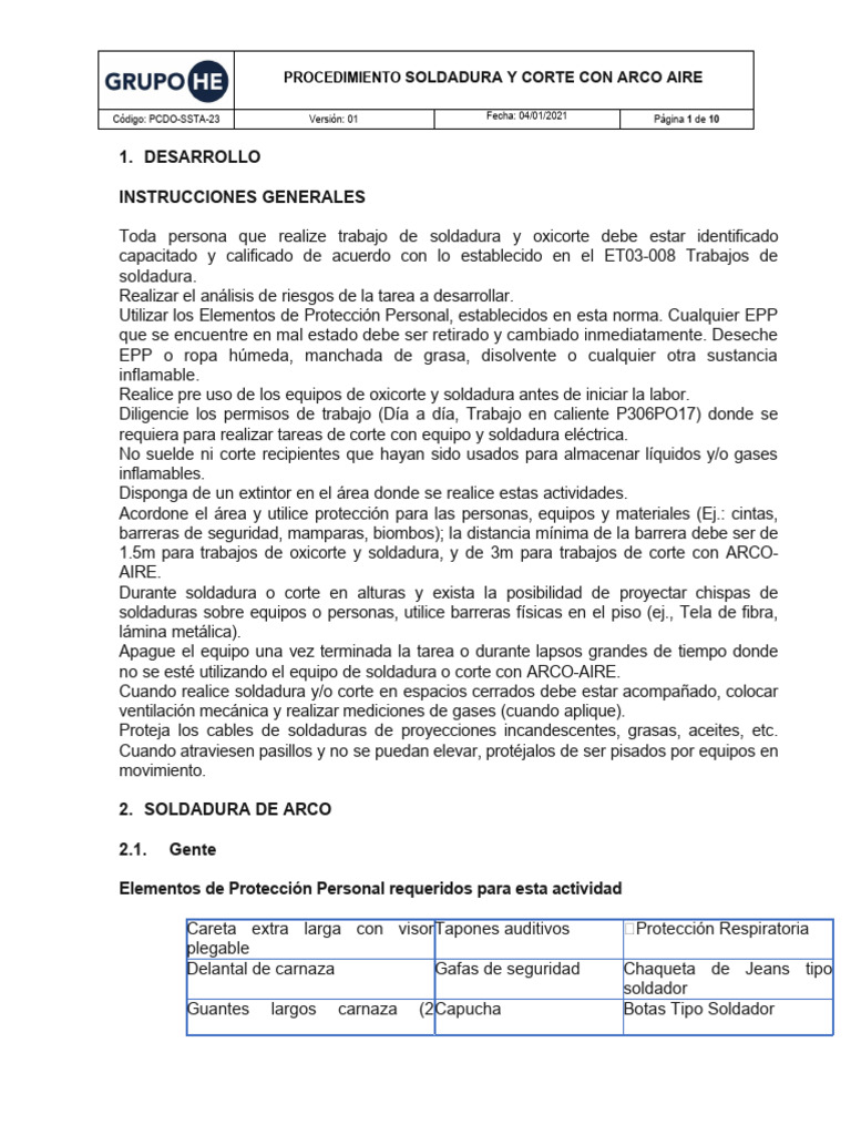PCDO-SSTA-23 Procedimiento Soldadura y Corte Con Arco Aire | PDF ...