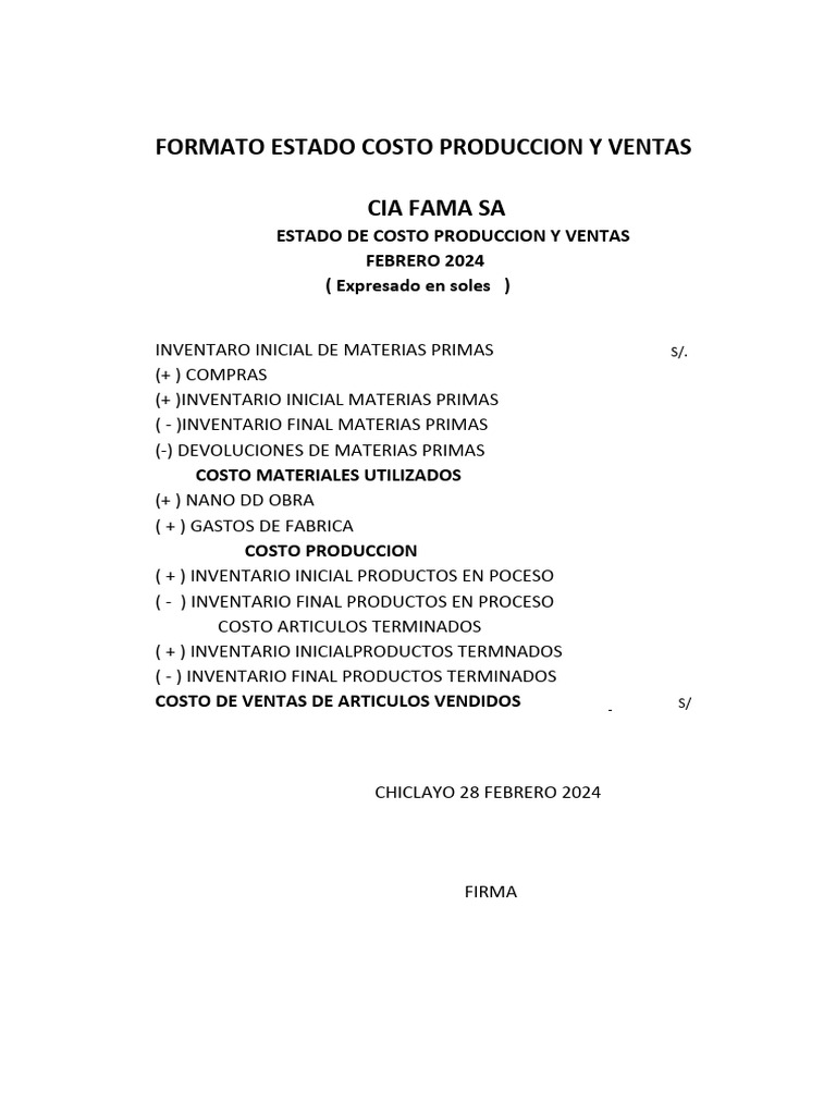 Estado de Costo y Ventas Feb 2024 | PDF | Economias | Comercio