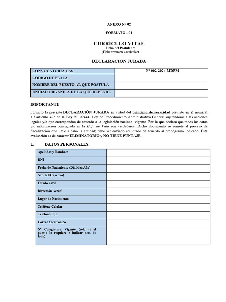 Formato de Declaración Jurada CAS 2024 | PDF | Documento de identidad ...