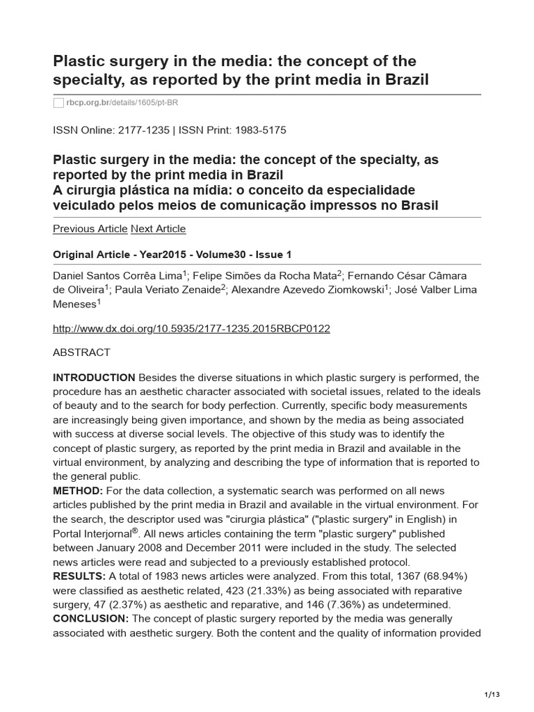 Plastic surgery in the media the concept of the specialty as reported