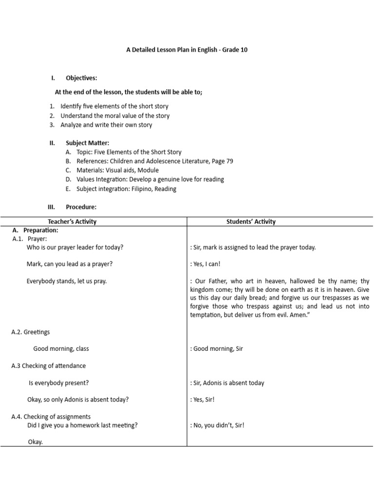 Grade 10 English Lesson Plan: Short Stories | PDF | Poetry | Metre (Poetry)