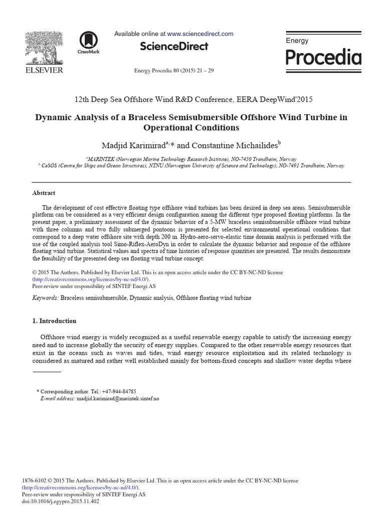 Dynamic Analysis of A Braceless Semisubmersible Offshore Wind Turbine ...