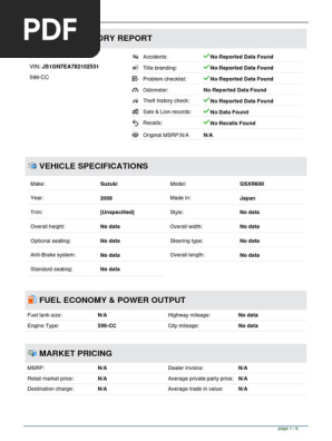 Vehicle History Report Sample