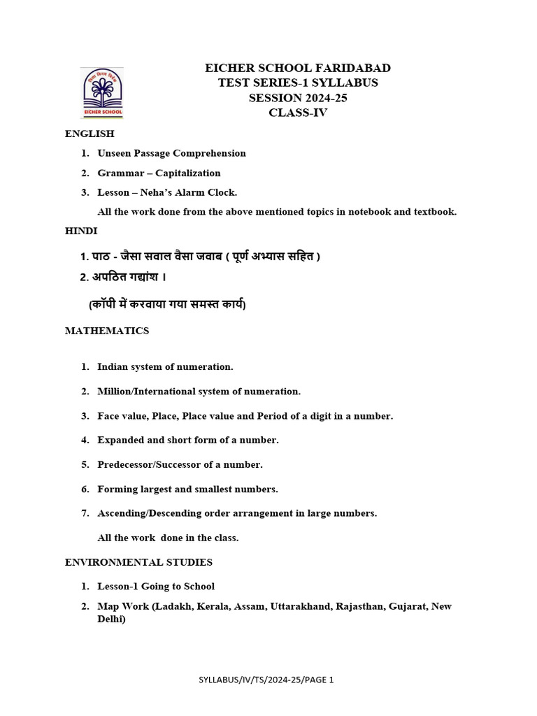 TEST SERIES SYLLABUS(202425) CLAAS 4 PDF