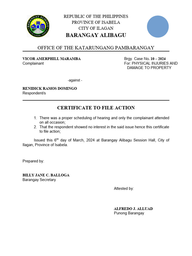 Certificate To File Action PDF