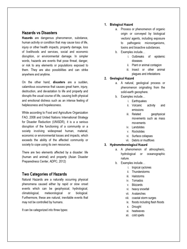 1 Hazards Vs Disasters Pdf Natural Disasters Hazards