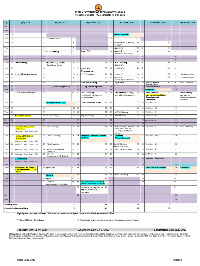 IIT Madras Academic Calendar Jul-Nov 2023 | PDF | Science | Vocational ...