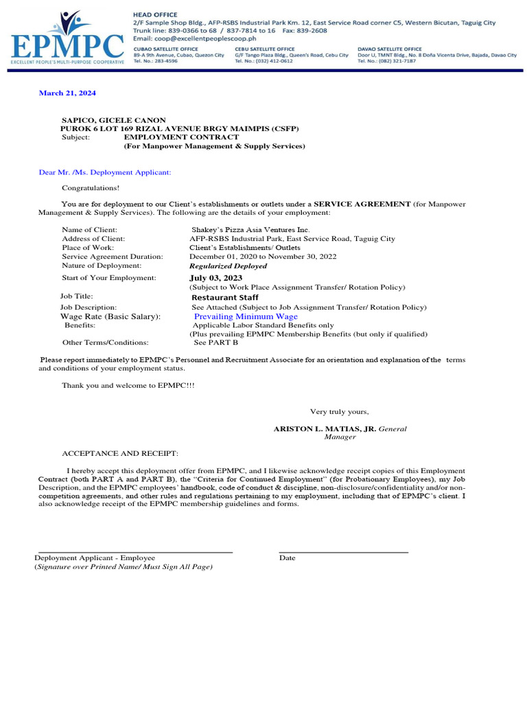 EPMPC Employment Contract Details | PDF | Employment | Business
