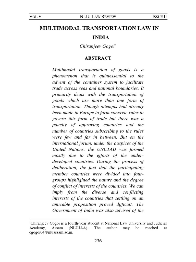 Multimodal Transportation Law in India | PDF | Bill Of Lading | Cargo