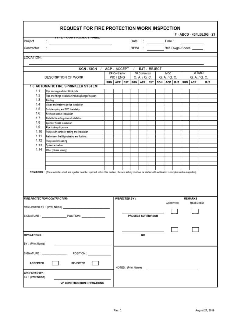 Fire Protection Work Inspection Request | PDF | Equipment | Firefighting