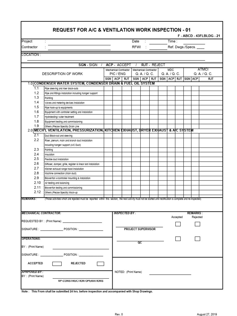 A/C and Ventilation Inspection Request | PDF | Duct (Flow) | Tools