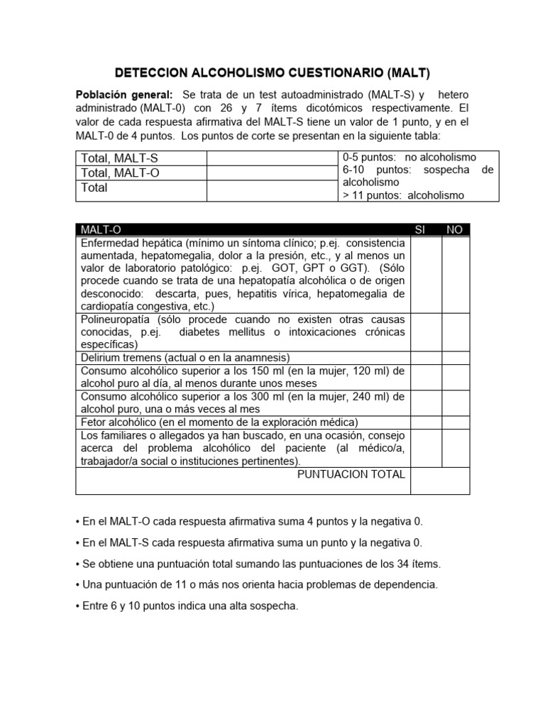 Cuestionario MALT para Detección de Alcoholismo | PDF | Alcoholismo ...