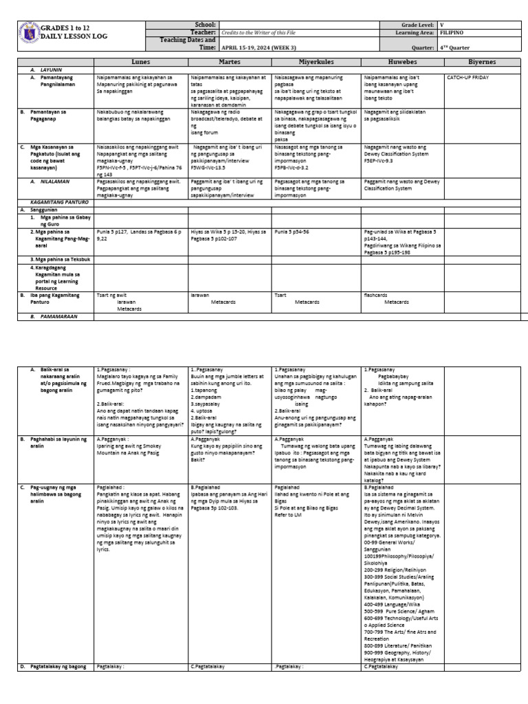 Grade 5 DLL Filipino 5 q4 Week 3 | PDF