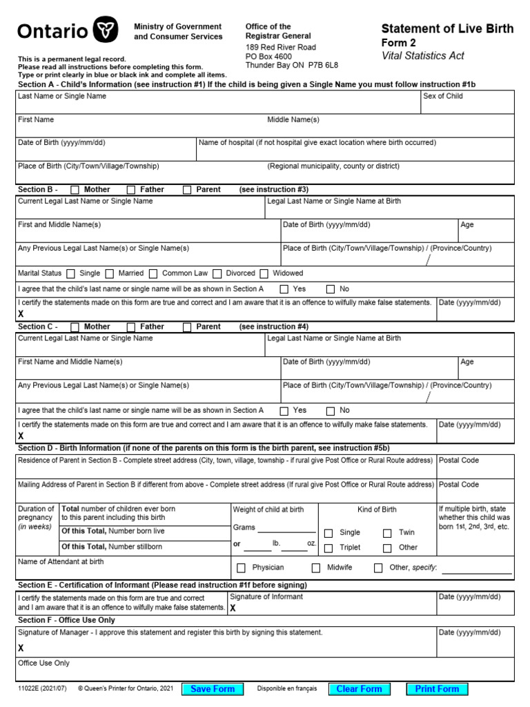 Ontario Statement of Live Birth Form 2 | PDF | Surrogacy | Parent