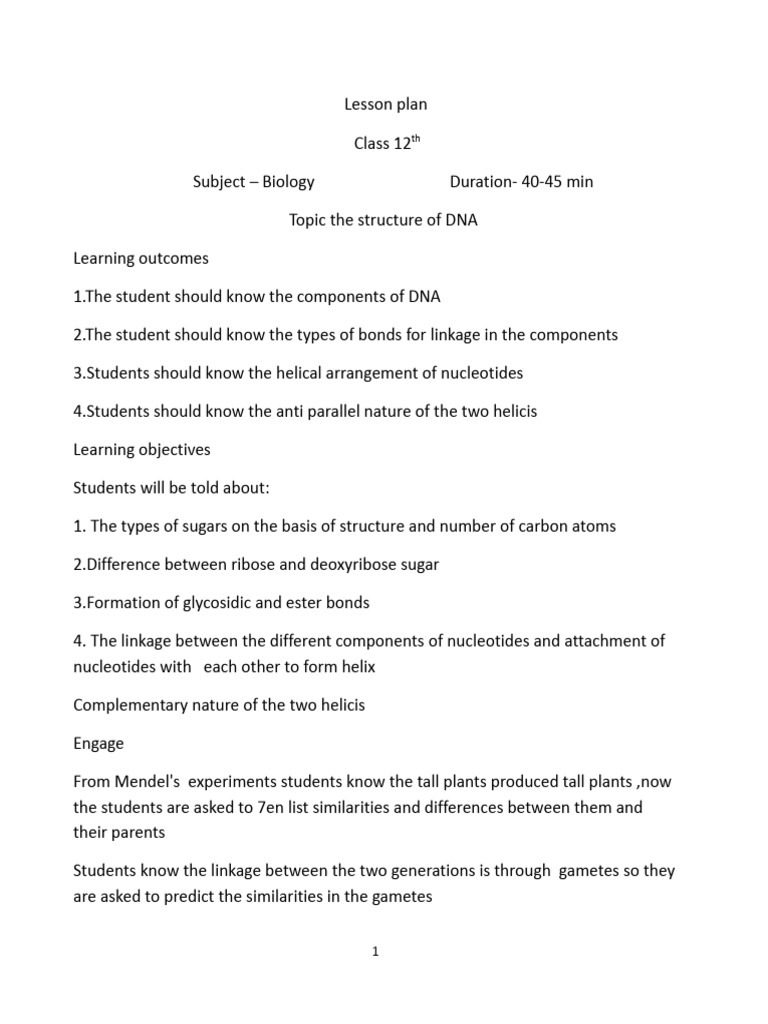 DNA Structure Lesson Plan for Class 12 | PDF | Dna | Base Pair