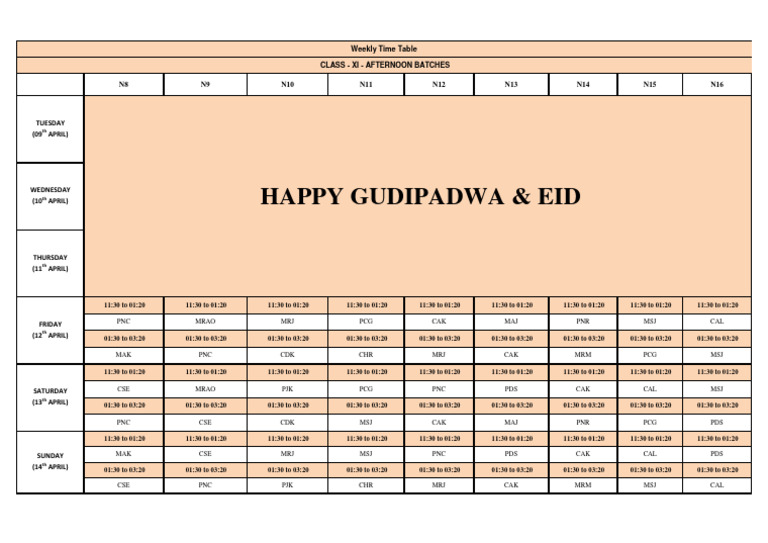 Class XI Afternoon Batch Schedule | PDF
