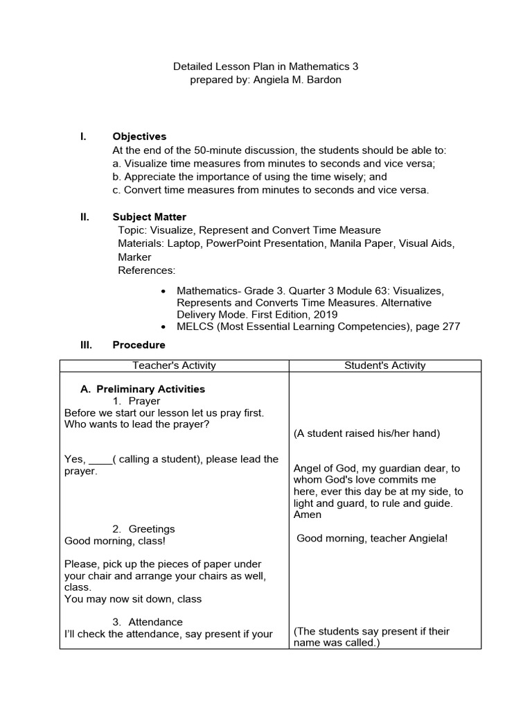 Grade 3 Math Lesson: Time Conversion | PDF | Lesson Plan | Prayer