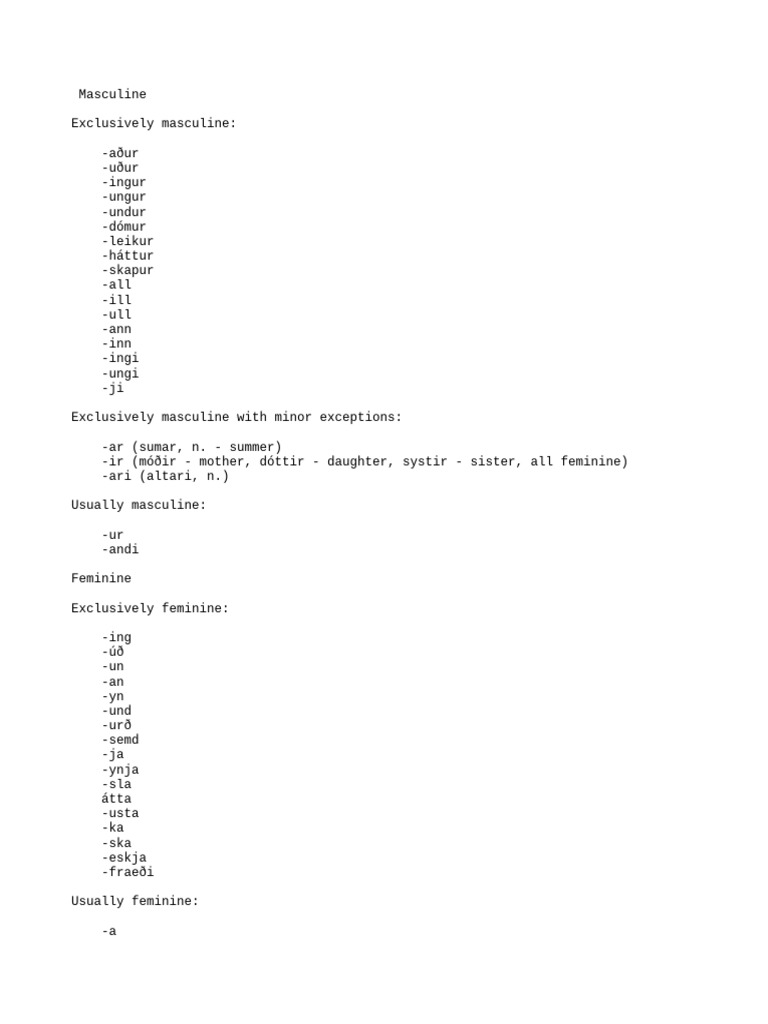 Icelandic Noun Gender and Declension | PDF | Grammatical Gender | Plural