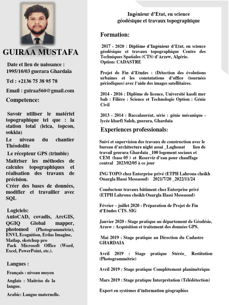 CV Ingénieur Topographe - Guiraa Mustafa | PDF | Topographie ...