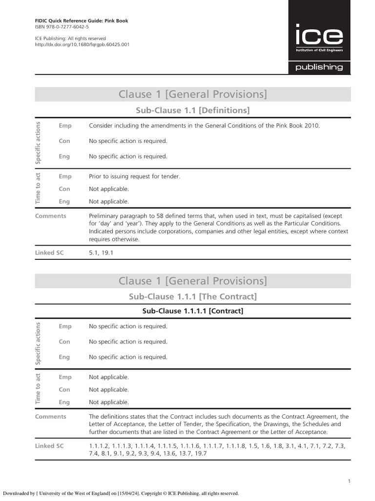 Barr Grutters 2015 Fidic Quick Reference Guide Pink Book | PDF | All ...