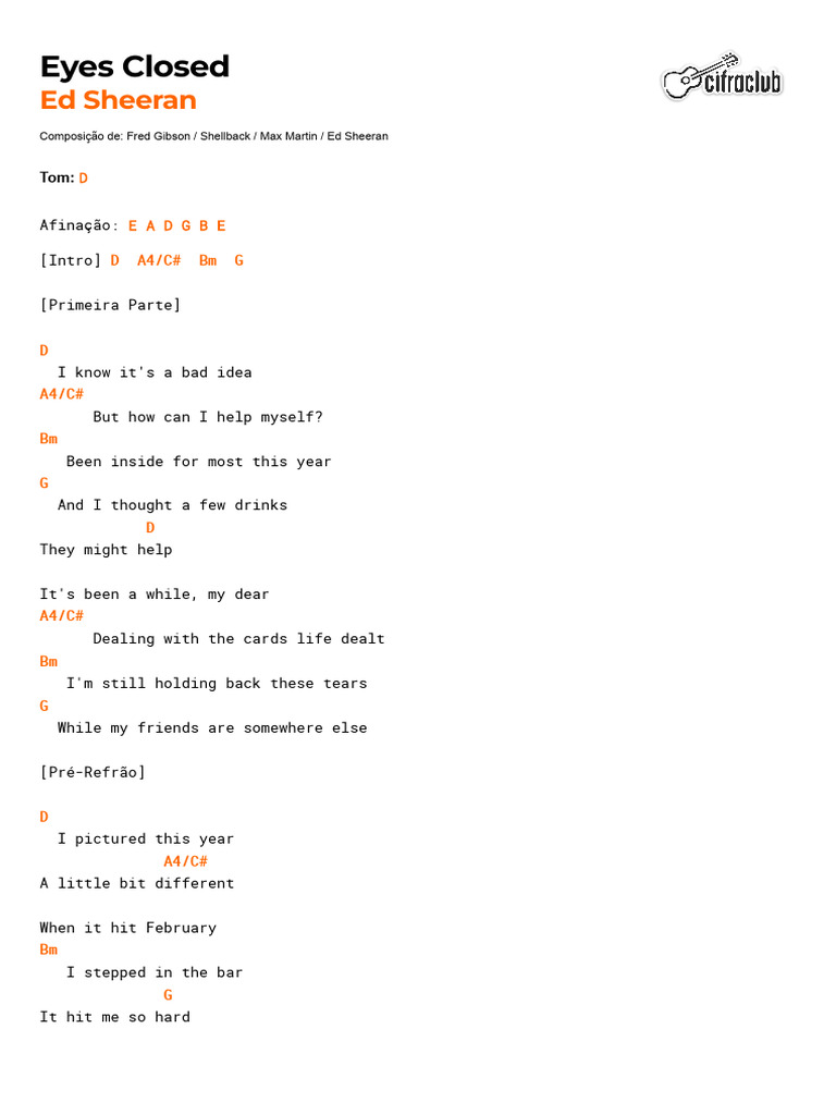 Eyes Closed Ed Sheeran Lyrics PDF