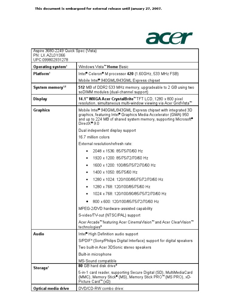 Acer Aspire 3680-2249 Notebook Specs | Secure Digital | Pantalla de
