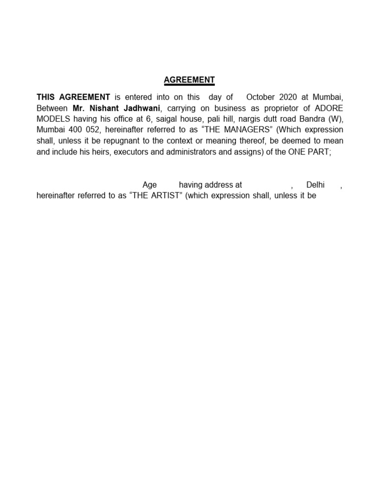 Adore Models Artist Management Agreement | PDF | Indemnity | Private Law