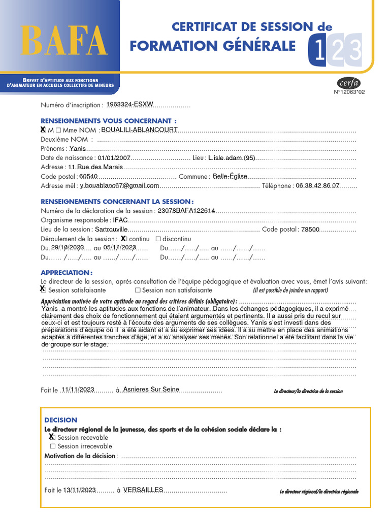 Certificat de session BAFA 2023 | PDF | Technologie et ingénierie