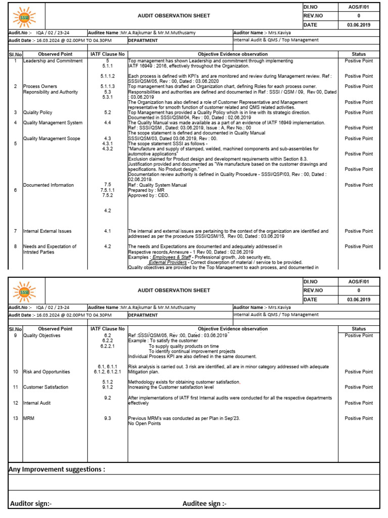 Internal Audit Observation Report | PDF | Audit | Internal Audit