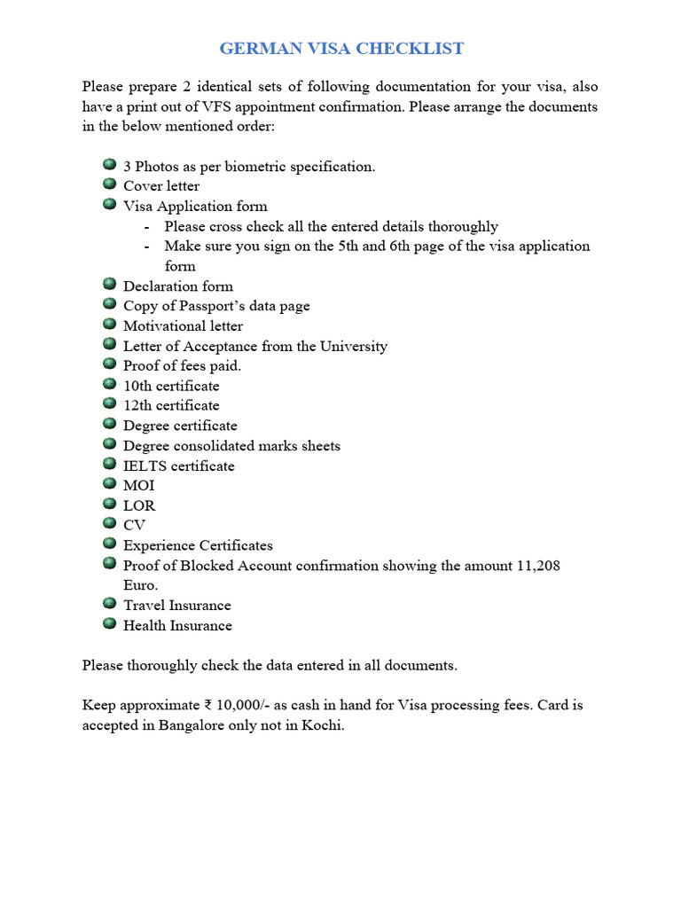 German Visa Application Checklist | PDF | Finance & Money Management
