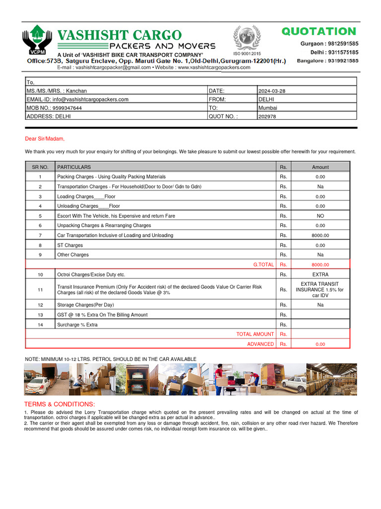 Quotation-202978 Delhi To Mumbai Car Relocation | PDF | Insurance | Car