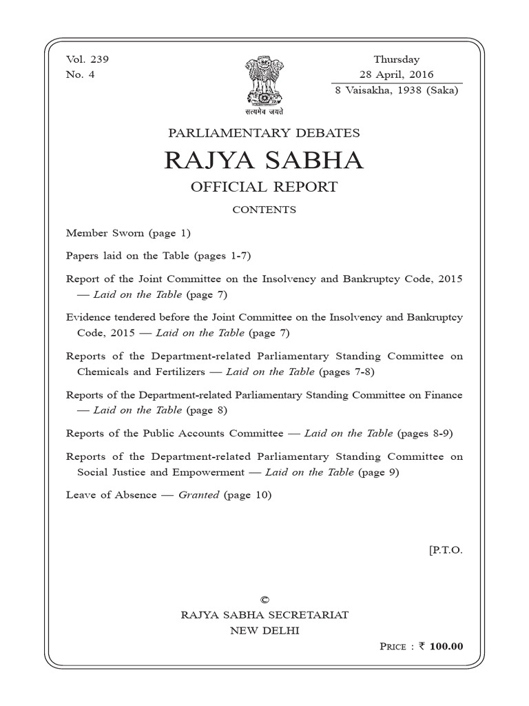 Rajya Sabha: Official Report | PDF | Government Of India