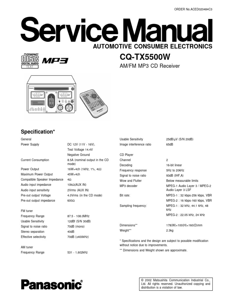Panasonic CQ-TX5500W Receiver Specs | PDF | Compact Disc | Signal