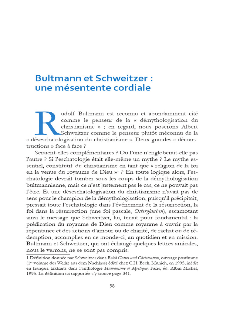 Bultmann et Schweitzer : Démythologisation vs Déseschatologisation ...