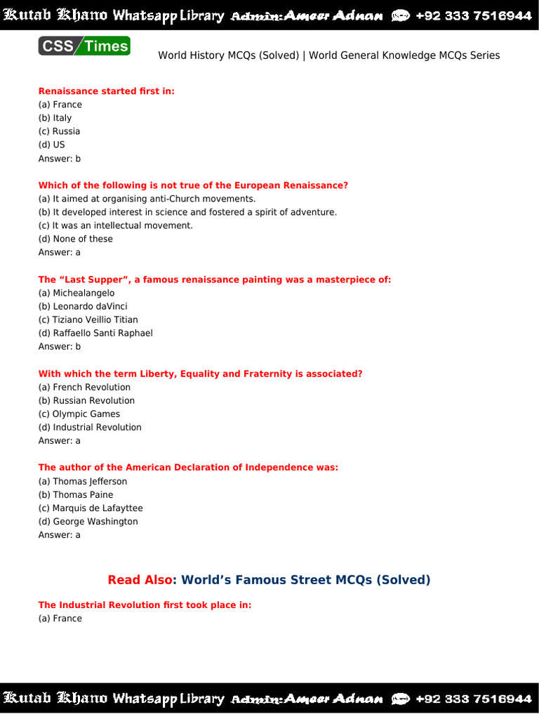World History Solved Mcqs Guide Pdf Friedrich Engels Renaissance