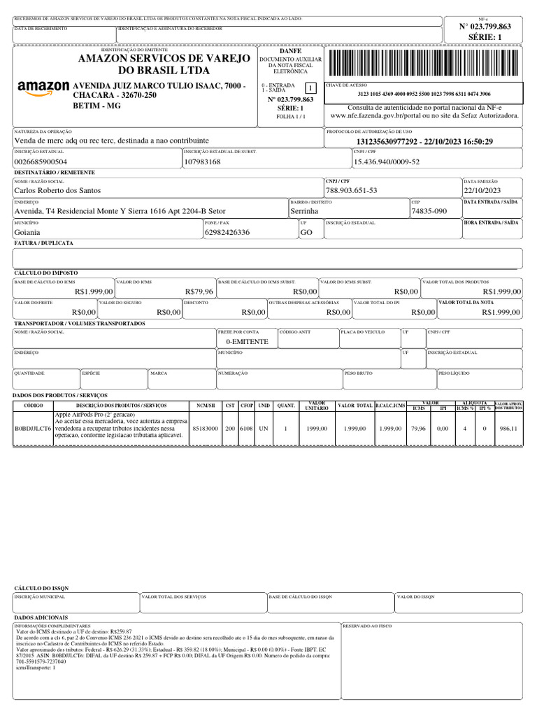 Nota Fiscal Do Airpord Pro 2 | PDF | Recibo | Impostos