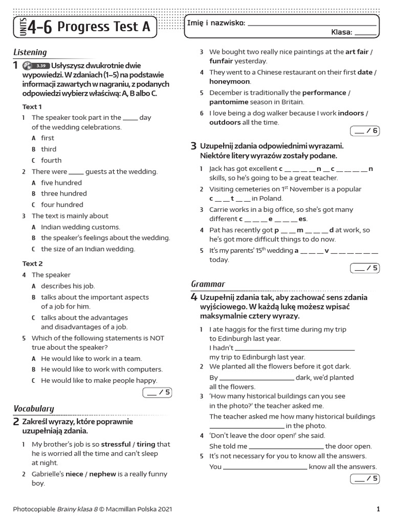 Brainy Class 8 Progress Test A | PDF