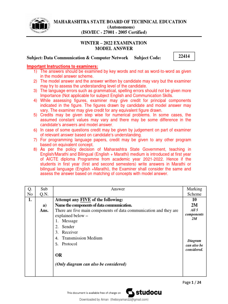 Data Communication Exam Model Answers | PDF | Duplex ...