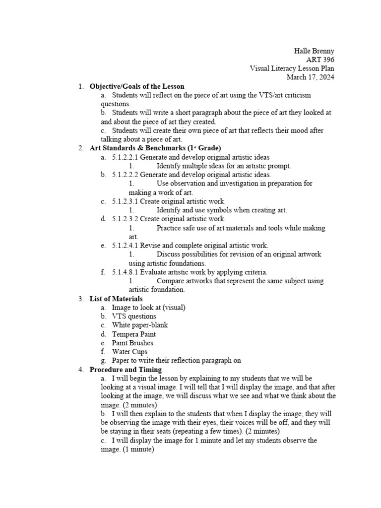 Visual Arts Lesson Plan | PDF | Image | Feeling