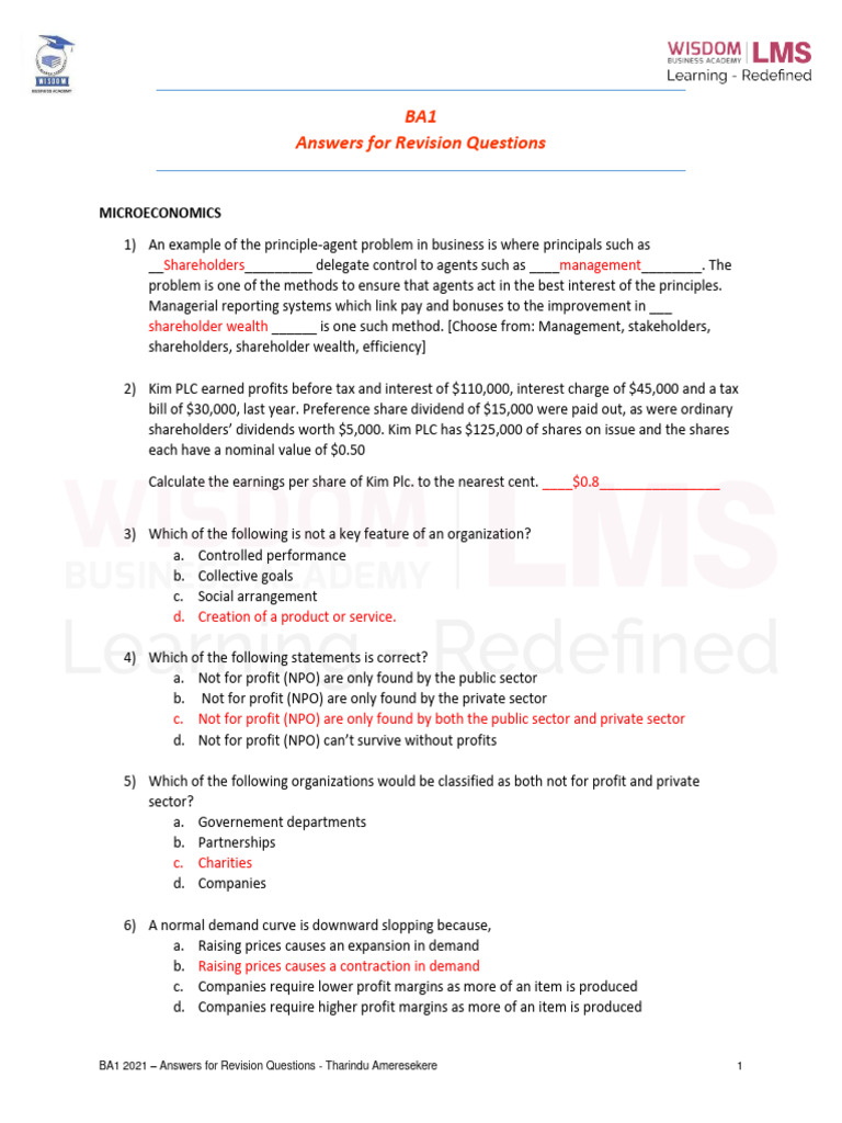 BA1 2021 Revision Questions Answers | PDF | Cost Of Living | Financial ...