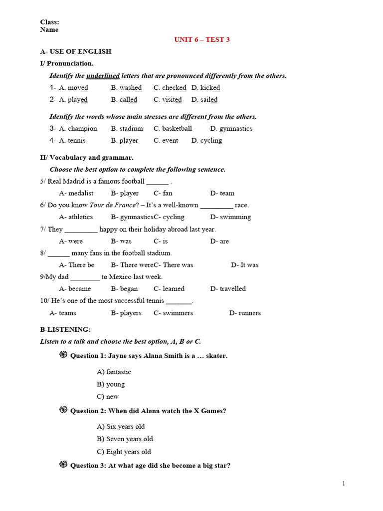 English A1 Unit 6 Test Overview | PDF | English Language | Sports