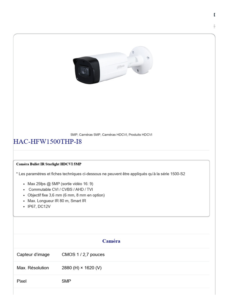 Fiche Technique Caméra Dahua 5MP | PDF | Imagerie | Technologie de film ...