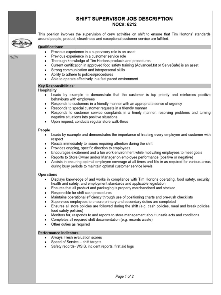 Shift Supervisor JOB DESCRIPTION PDF Employment Food Safety