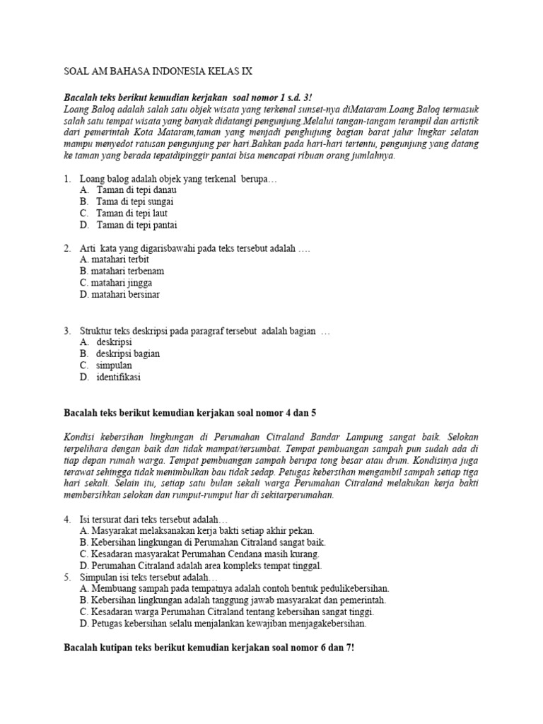 Soal AM Bahasa Indonesia Kelas IX 2025 | PDF | Seni & Disiplin Bahasa