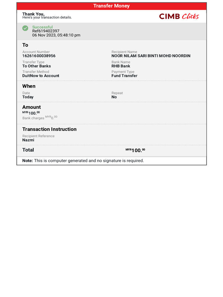 Successful Fund Transfer Receipt | PDF