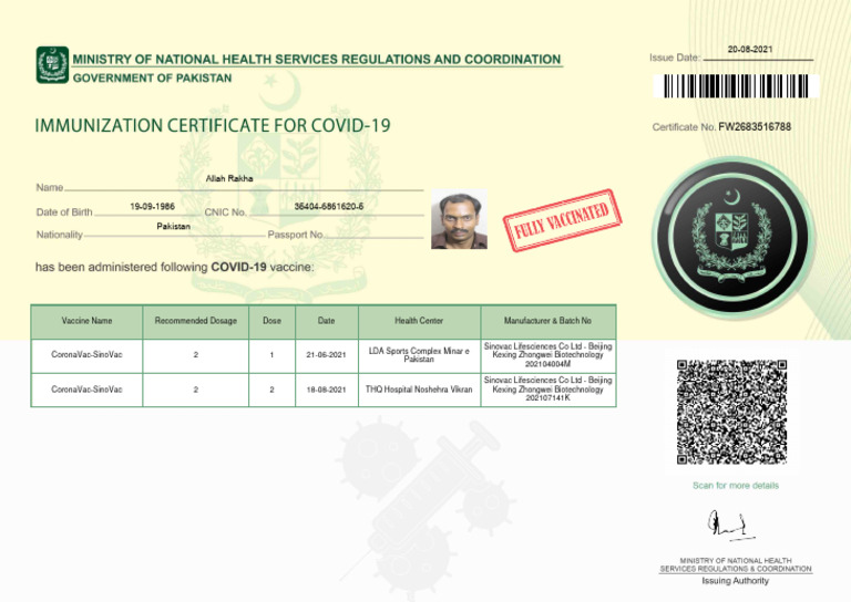 COVID-19 Vaccination Record for Allah Rakha | PDF