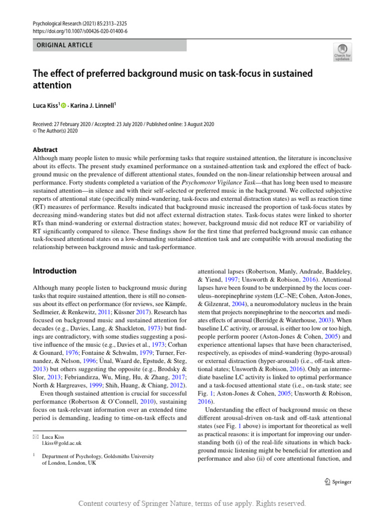Impact of Preferred Music on Task Focus | PDF | Mind Wandering | Tempo