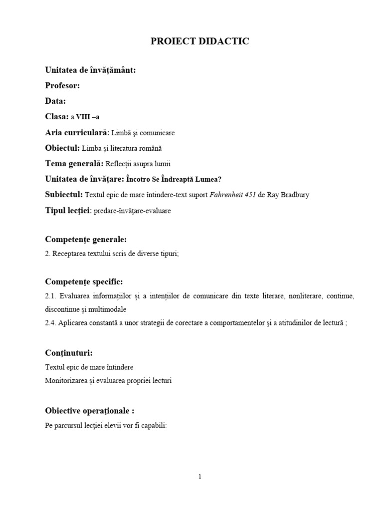 Proiect Didactictextul Epic de Mare Intindere | PDF