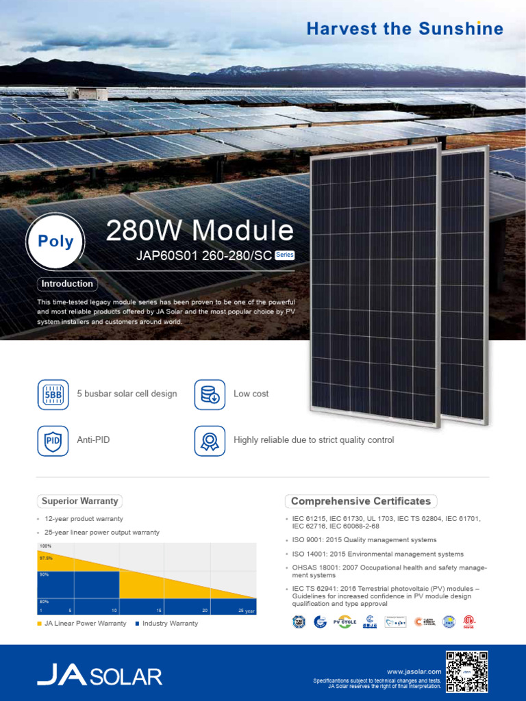 JA Solar 275W and 280W Module Specs | PDF | Photovoltaics | Solar Panel