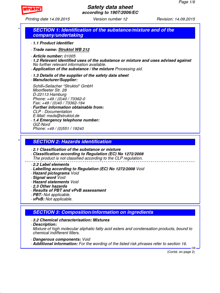 WB212 GB MSDS | PDF | Safety | Materials